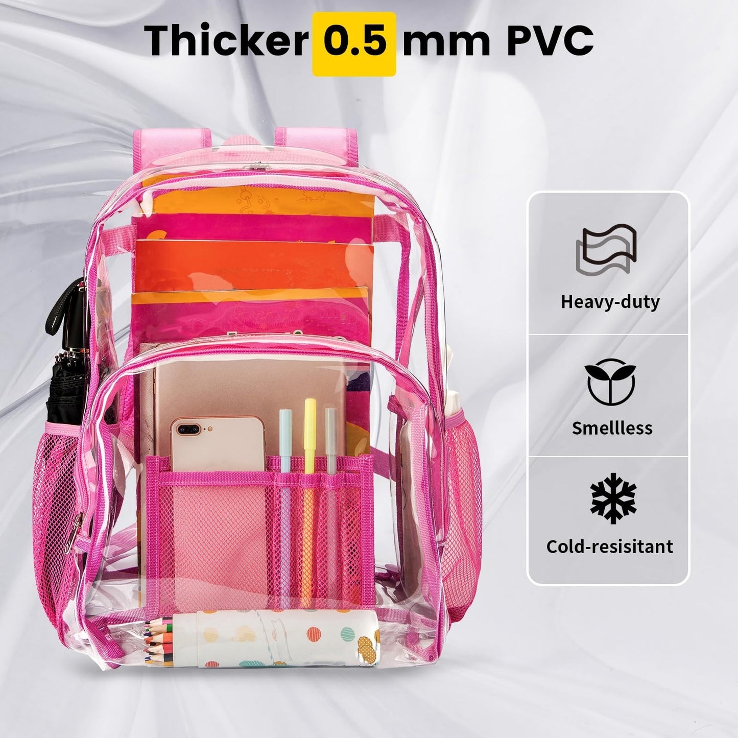Clear PVC Backpack Heavy Duty Transparent Bag with Reinforced Straps - Pink, Lar4