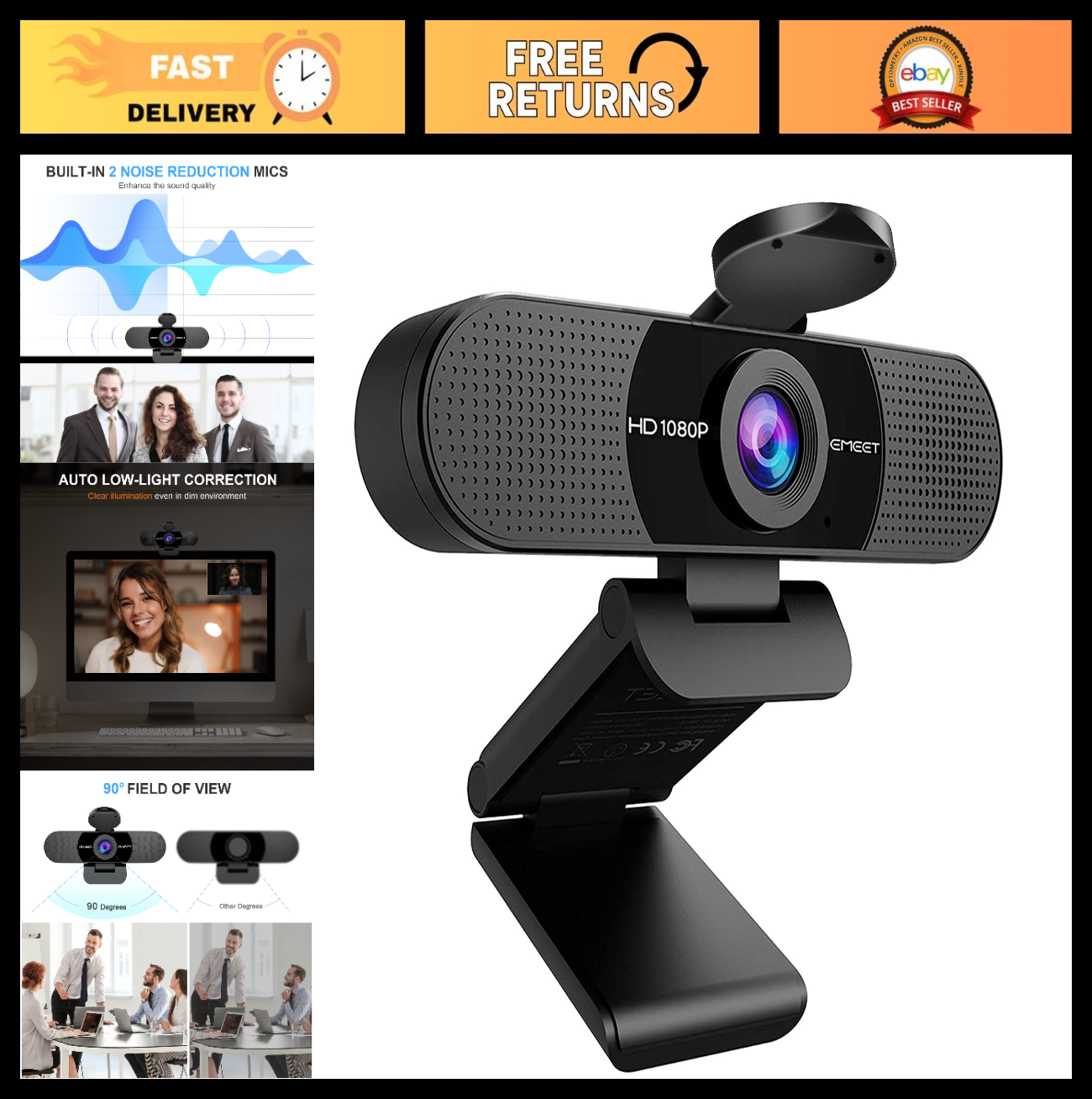 1080P Webcam with Microphone, 90°FOV USB Streaming Camera for Zoom/Teams/YouTube0