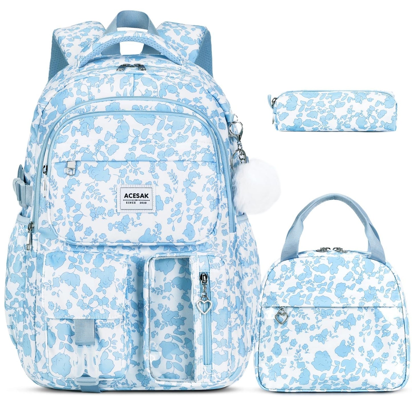 Stylish Girls Backpack with Lunch Bag & Pencil Pouch   Teen Laptop Bookbag, Blue1