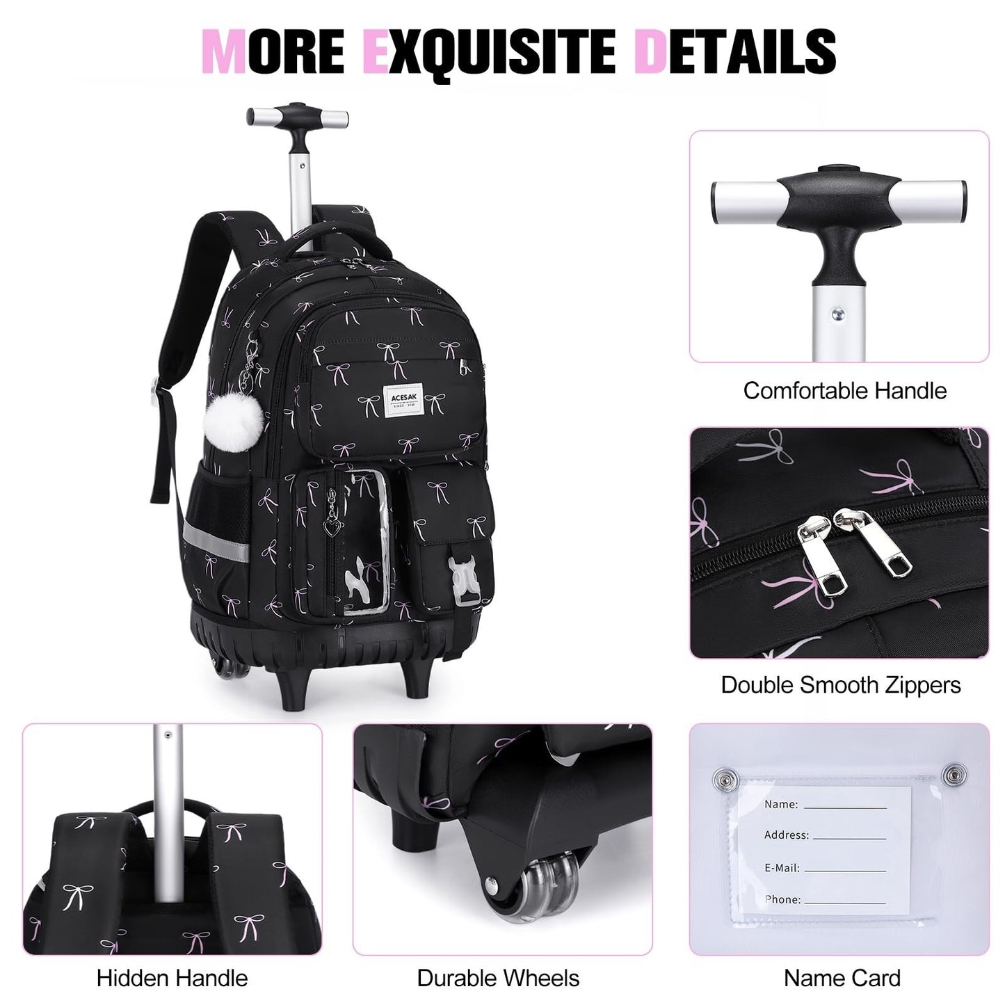 Rolling Backpack for Girls with Lunch Bag & Pencil Pouch   Wheeled Bookbag for S5