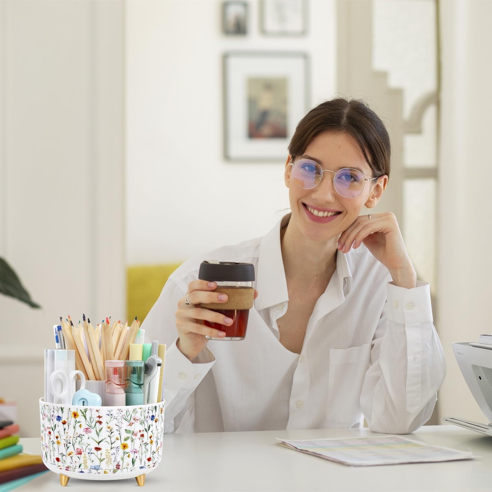 360° Rotating Desk Organizer   Dual Purpose Pen Holder, 5 Slot Pencil Cup for Of6