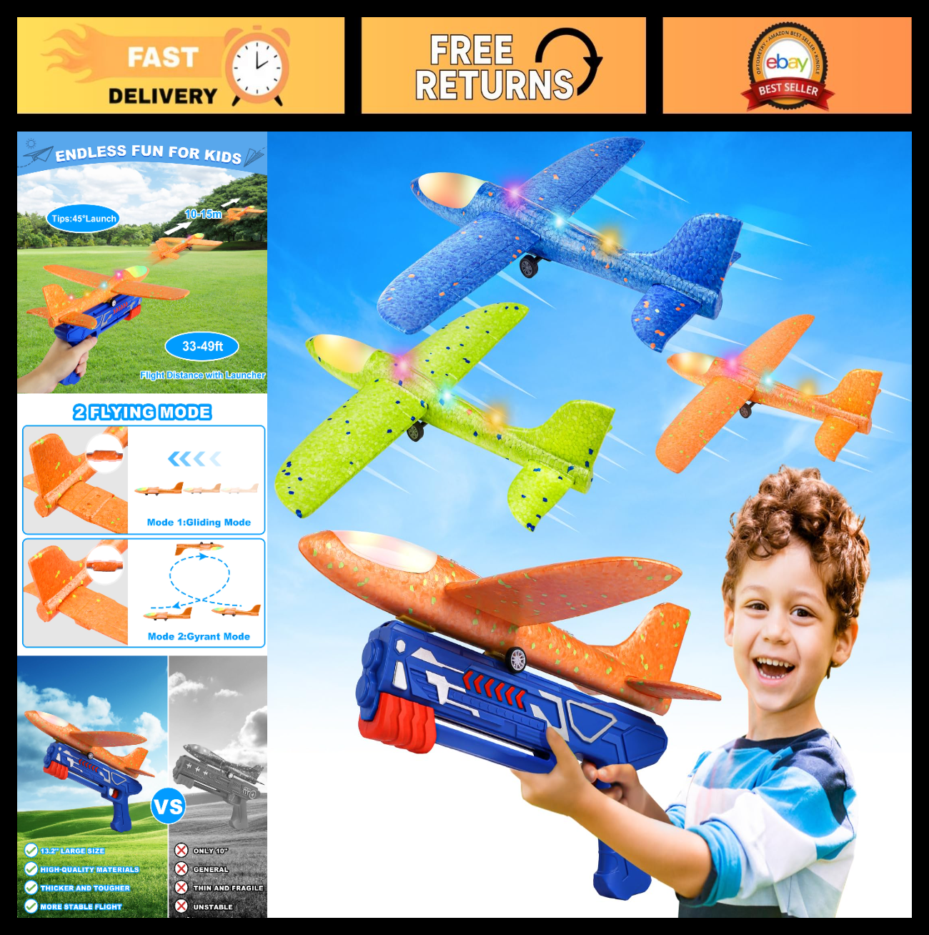 3 Pack LED Foam Glider Airplane Launcher Toys | Catapult Plane for Kids 4 12, 20