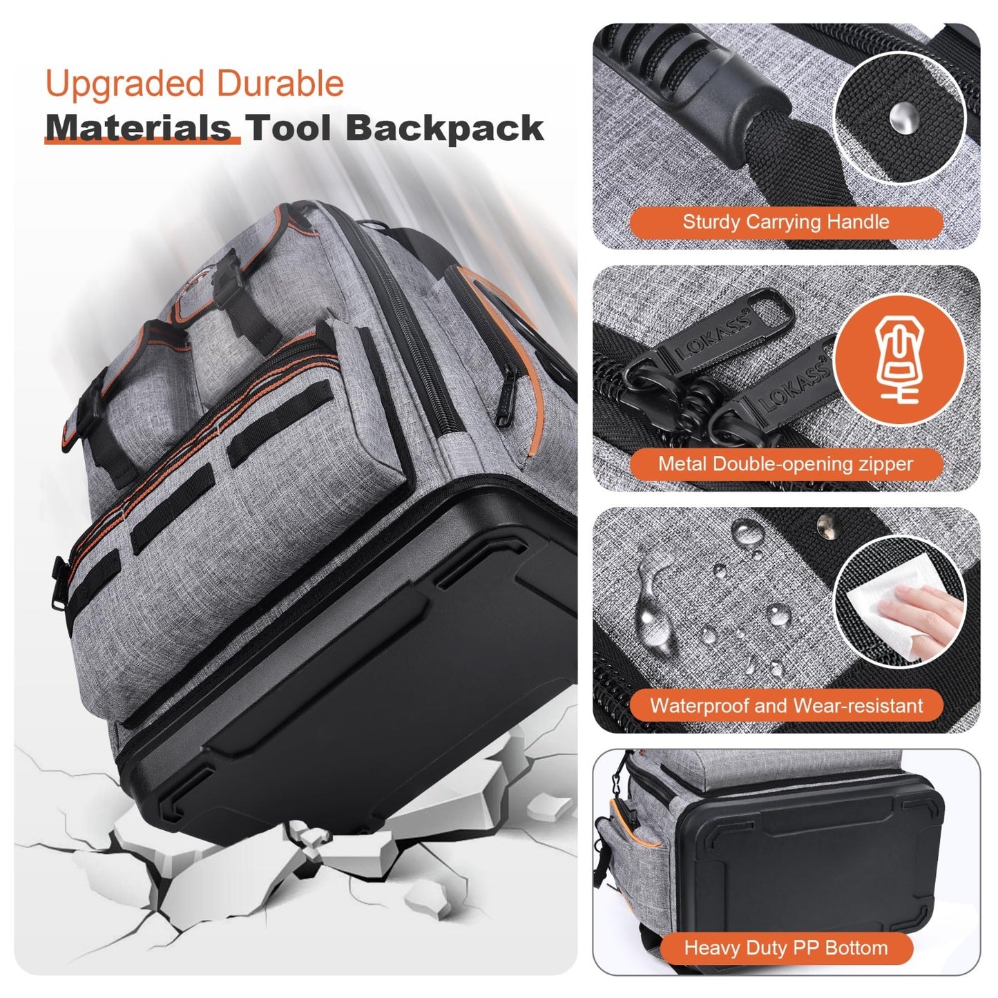 Heavy Duty Tool Backpack 18.5"   56 Pockets, Molded Bottom, Gray Storage Bag3