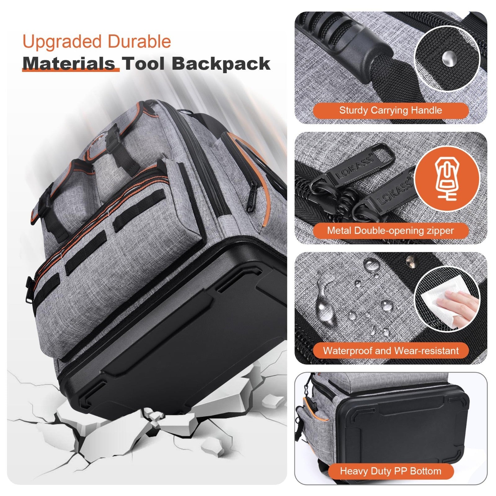 Heavy Duty Tool Backpack 18.5"   56 Pockets, Molded Bottom, Gray Storage Bag3