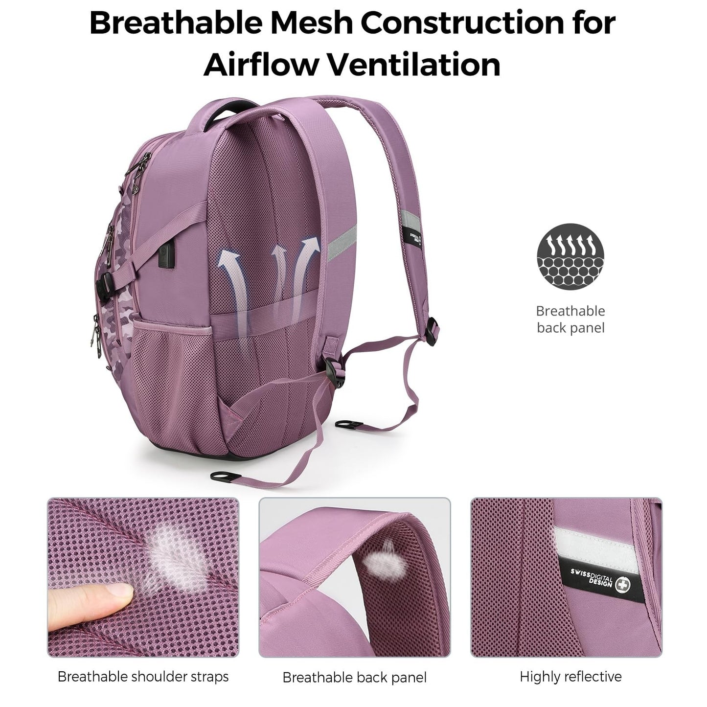 Stylish Pink Camo Laptop Backpack with USB Charging, Fits 15.6" Computer, 31L Tr3