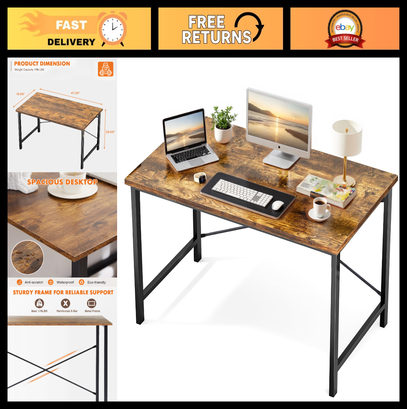 47 Inch Modern Small Office Desk - Rustic Brown Writing Table with Metal Frame0