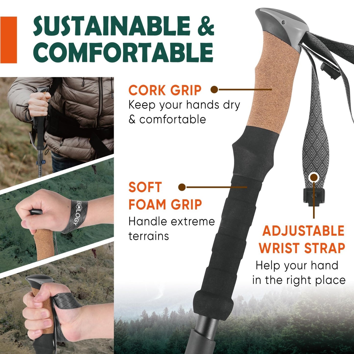 Lightweight Adjustable Trekking Poles with Cork Grip - Compact Hiking Sticks for2