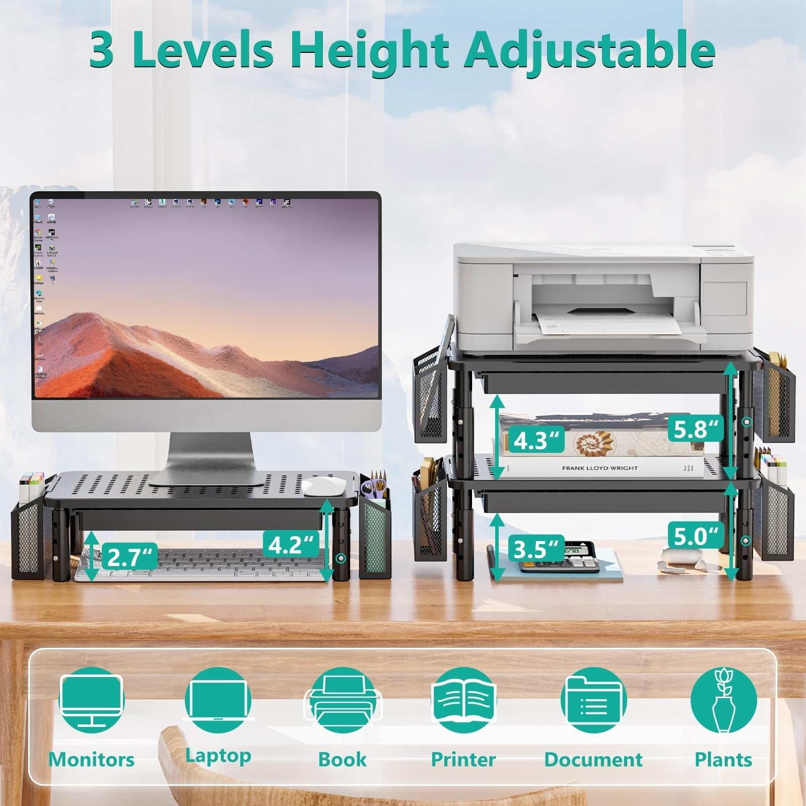 Adjustable Computer Monitor Stand with Storage, Desk Organizer & Drawer, Black5