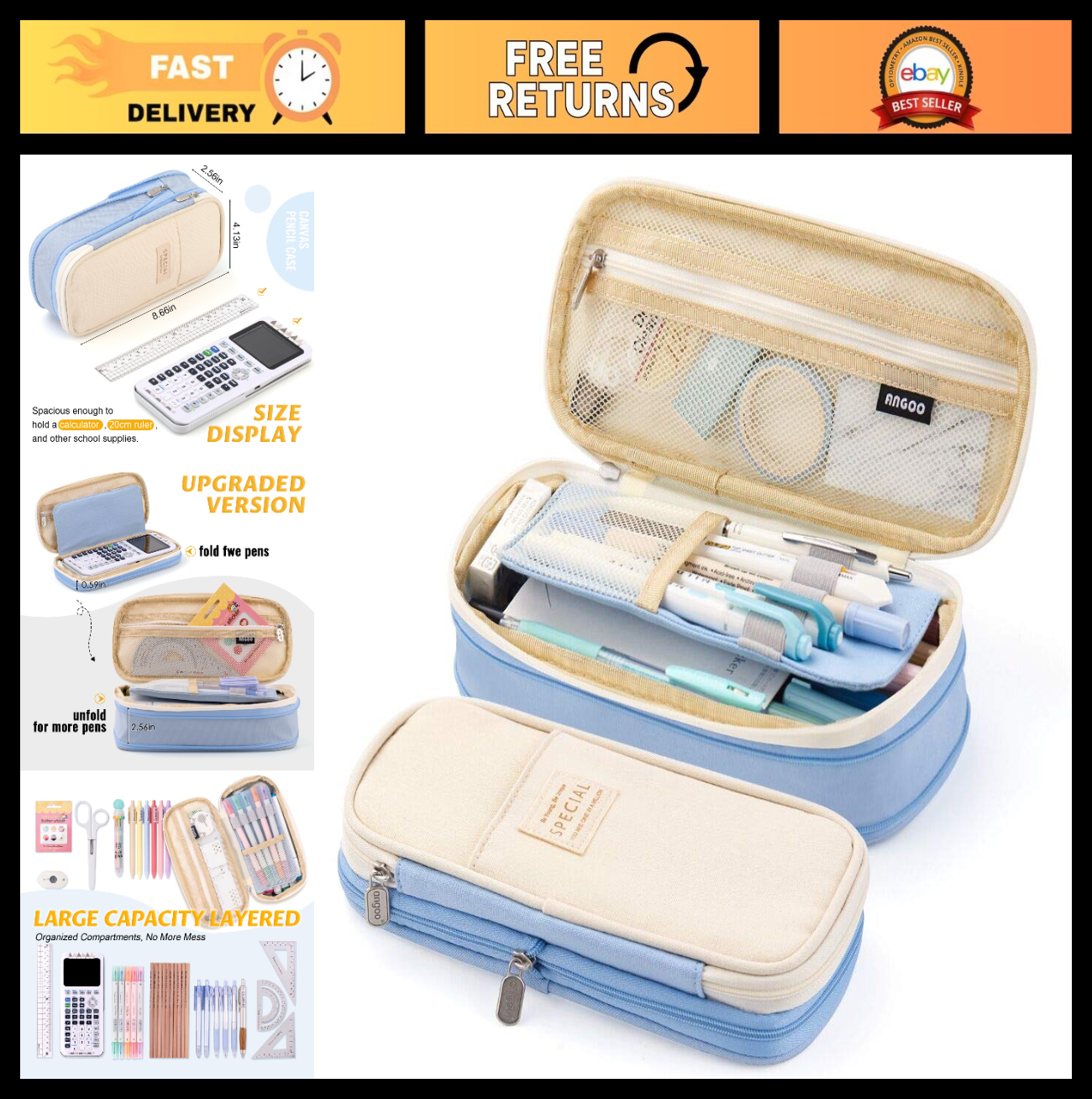 Large Capacity Pencil Case Organizer   Office & School Storage Pouch   Light Blu0
