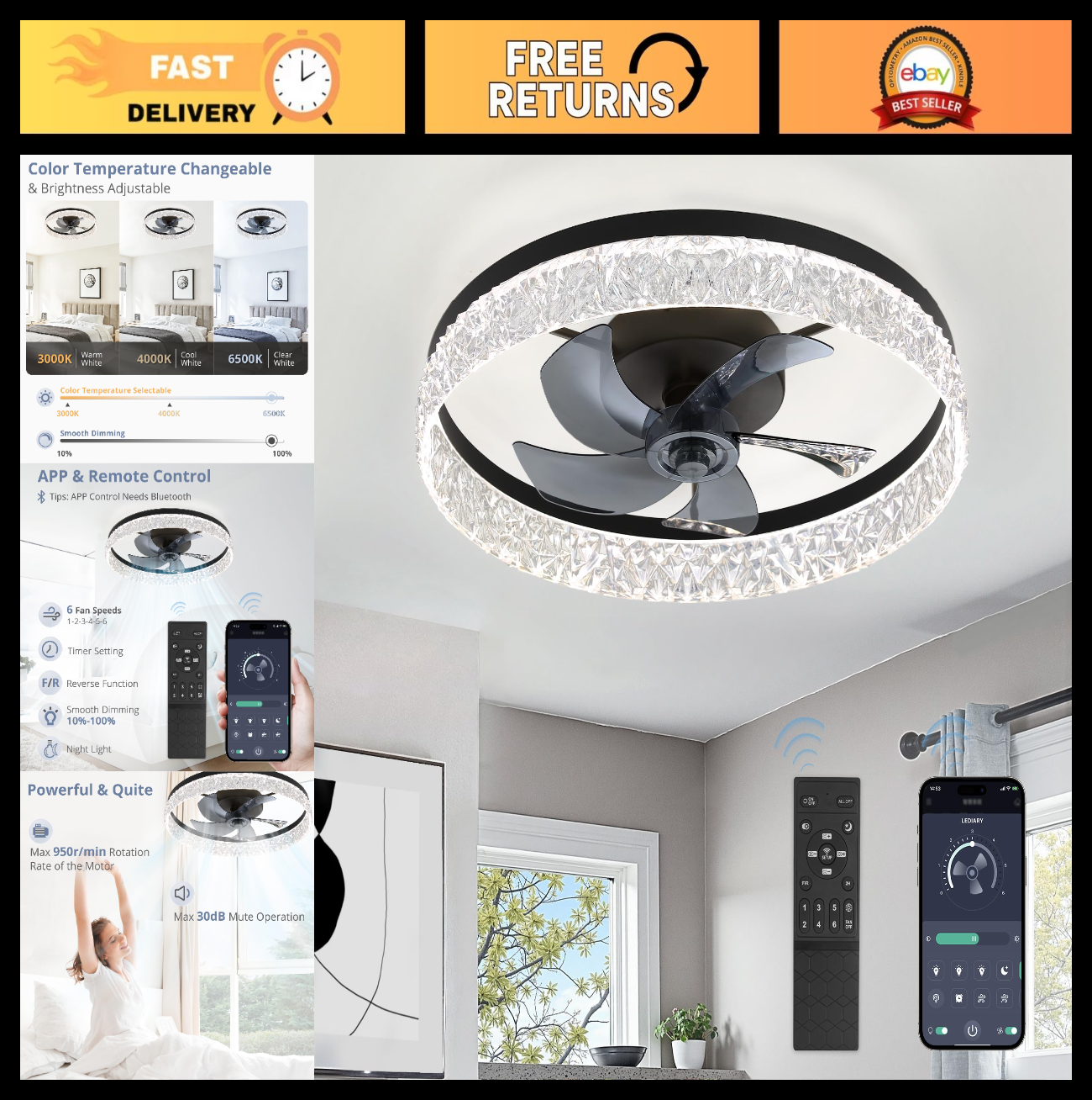 22" LED Ceiling Fan with Lights & Remote   Dimmable, 6 Speeds, Flush Mount, Time0