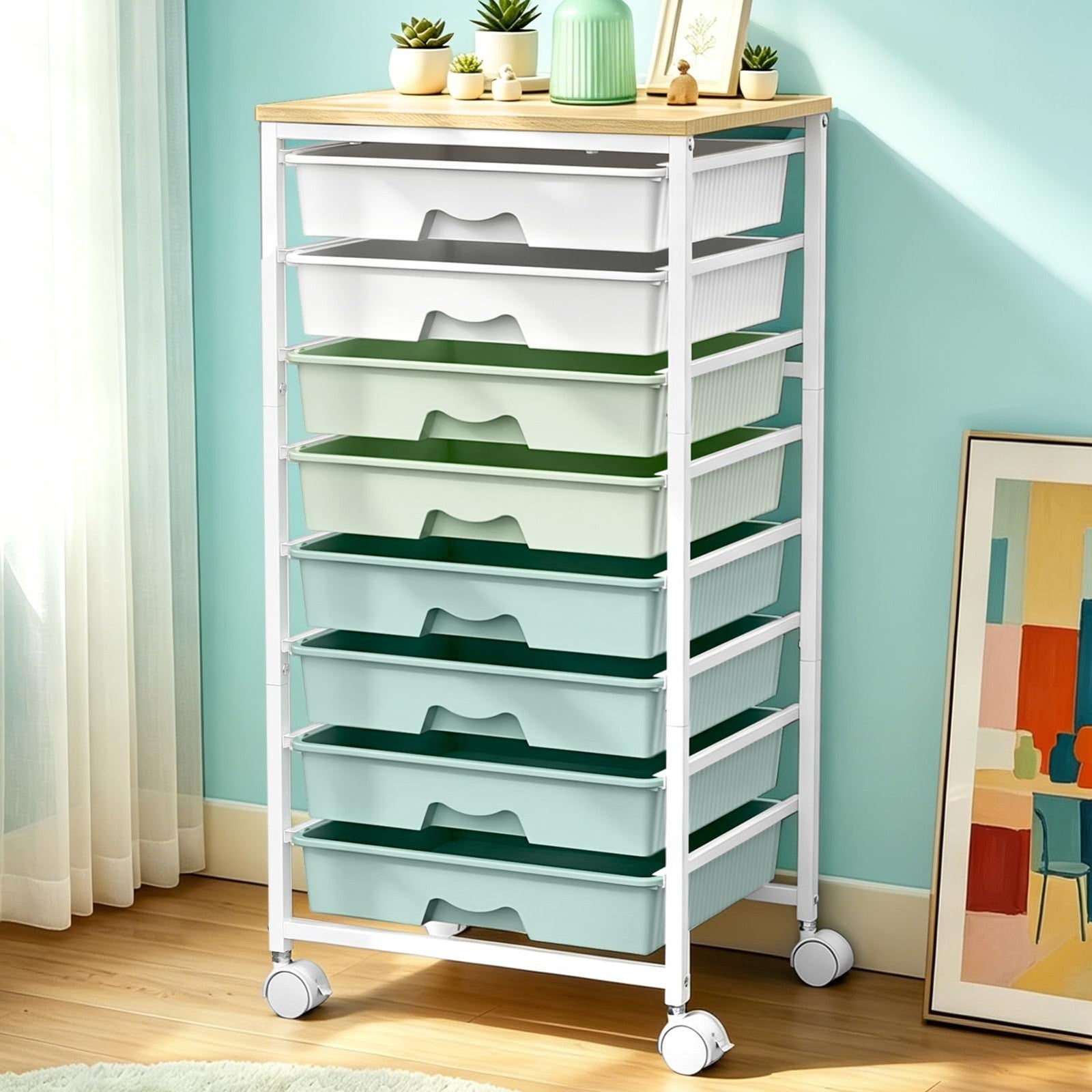8 Drawer Rolling Storage Cart with Wooden Top & Lockable Wheels   Craft & Office1