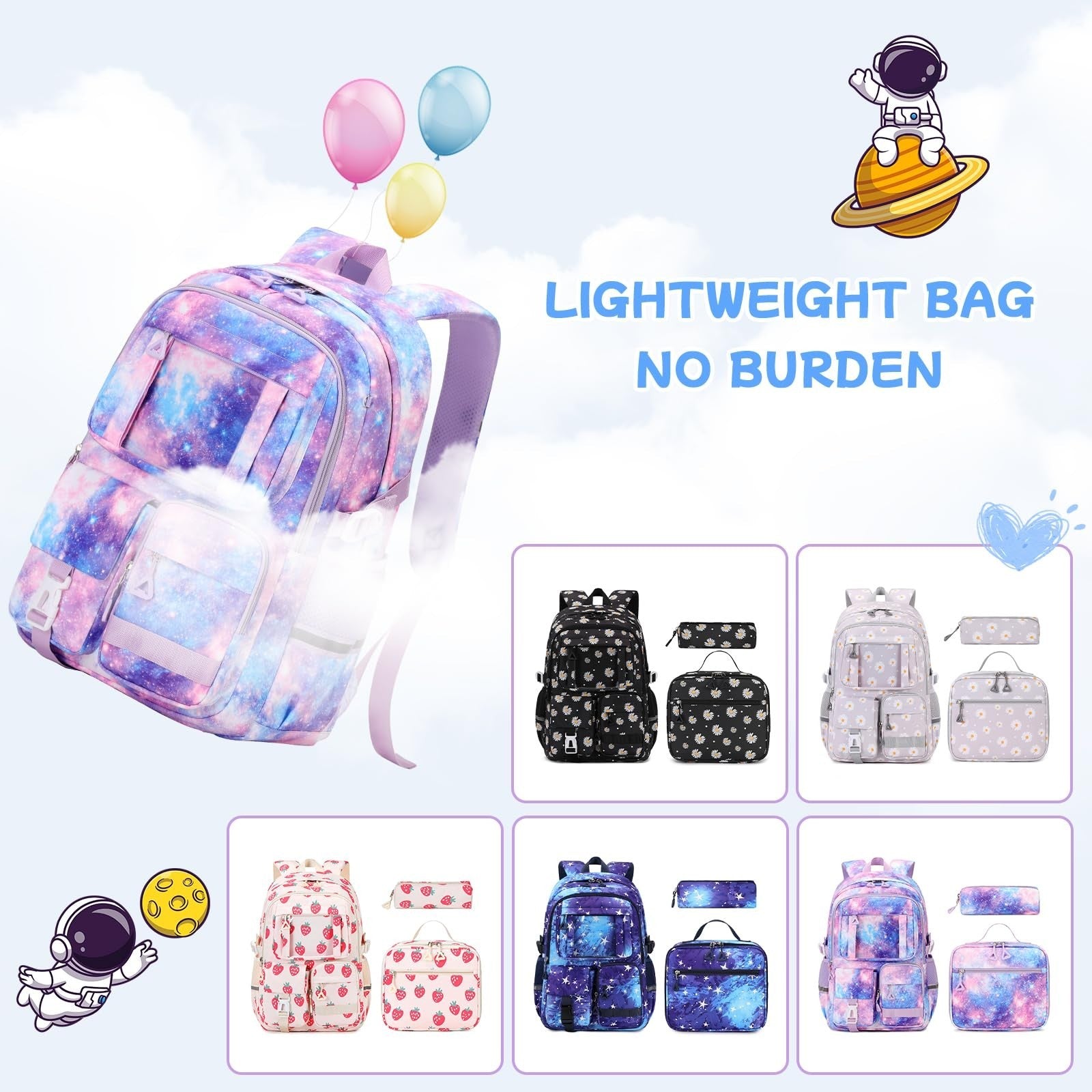 Kawaii 3pcs Kids Backpack Set with Lunch Box - Girls Book Bag for School, Galaxy8