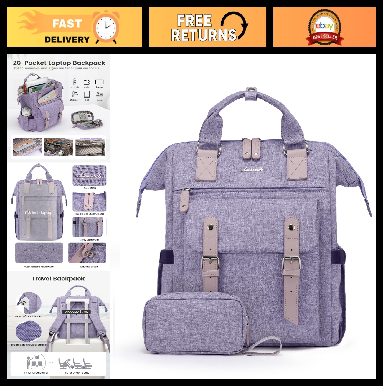 Stylish 17.3" Laptop Backpack for Women, Water Resistant Travel Bag, College Boo0