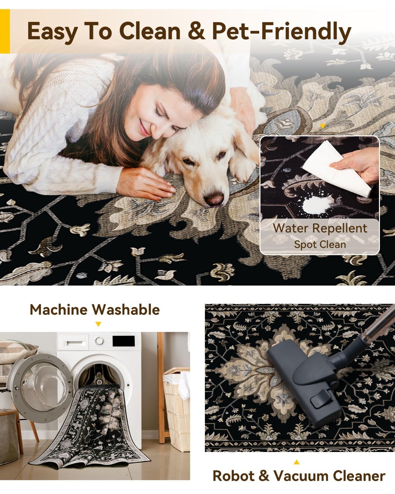 Washable 8'x10' Area Rug   Non Slip, Water Repellent, Pet Friendly, Vintage Flor4