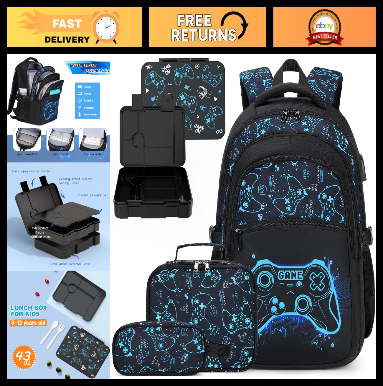 Cool Luminous Gamer Backpack Set for Boys, 6PCS with Lunch Bag & Pencil Case   S0