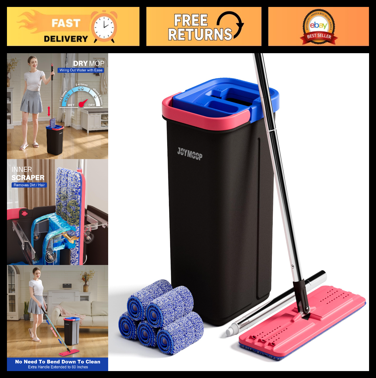Flat Mop System with Microfiber Pads & Bucket, 60" Long Handle, Floor & Wall Cle0