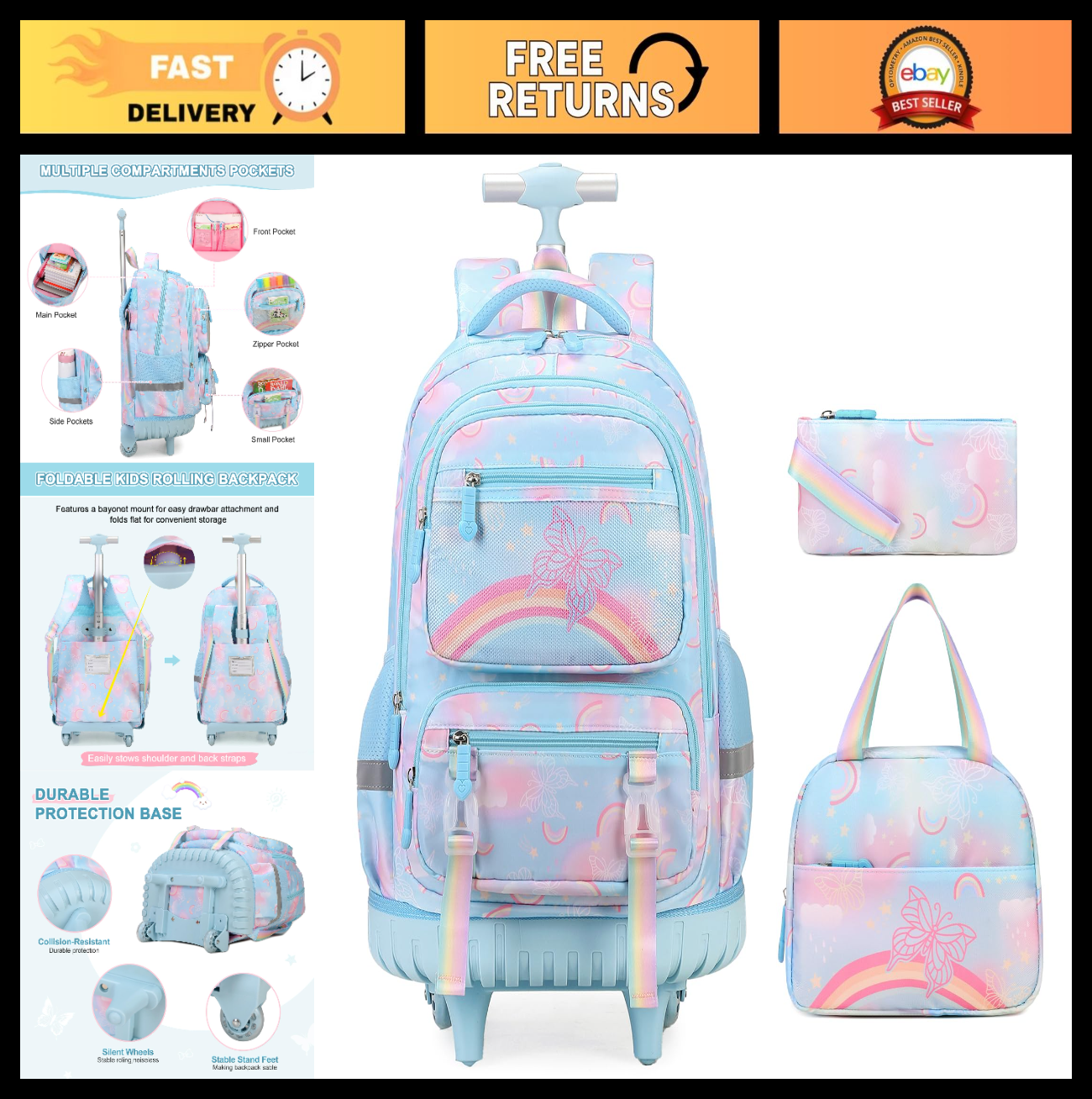 3PCS Girls Rainbow Butterfly Rolling Backpack Set with Lunch Box   Blue0