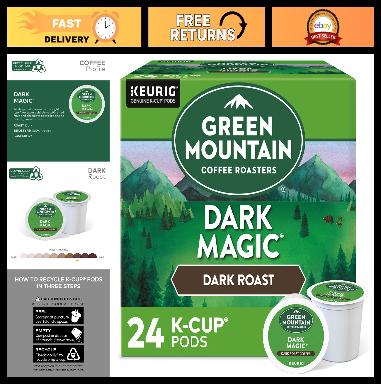 Dark Magic Dark Roast Coffee Pods for Keurig, Single Serve K Cups, 24 Count0
