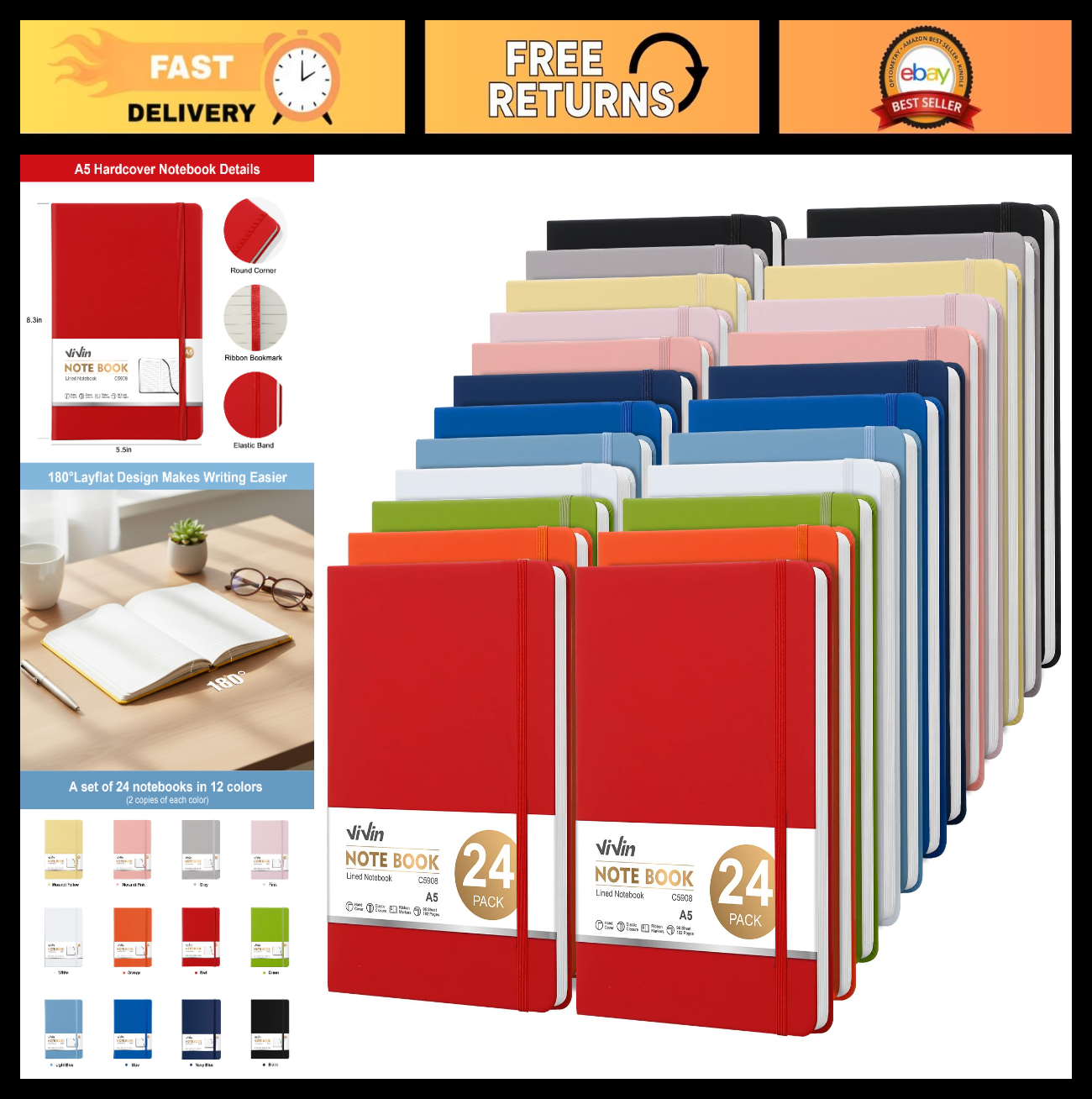 24 Pack A5 Hardcover Notebooks, 192 Pages College Ruled, Waterproof, Lay-Flat Cl0