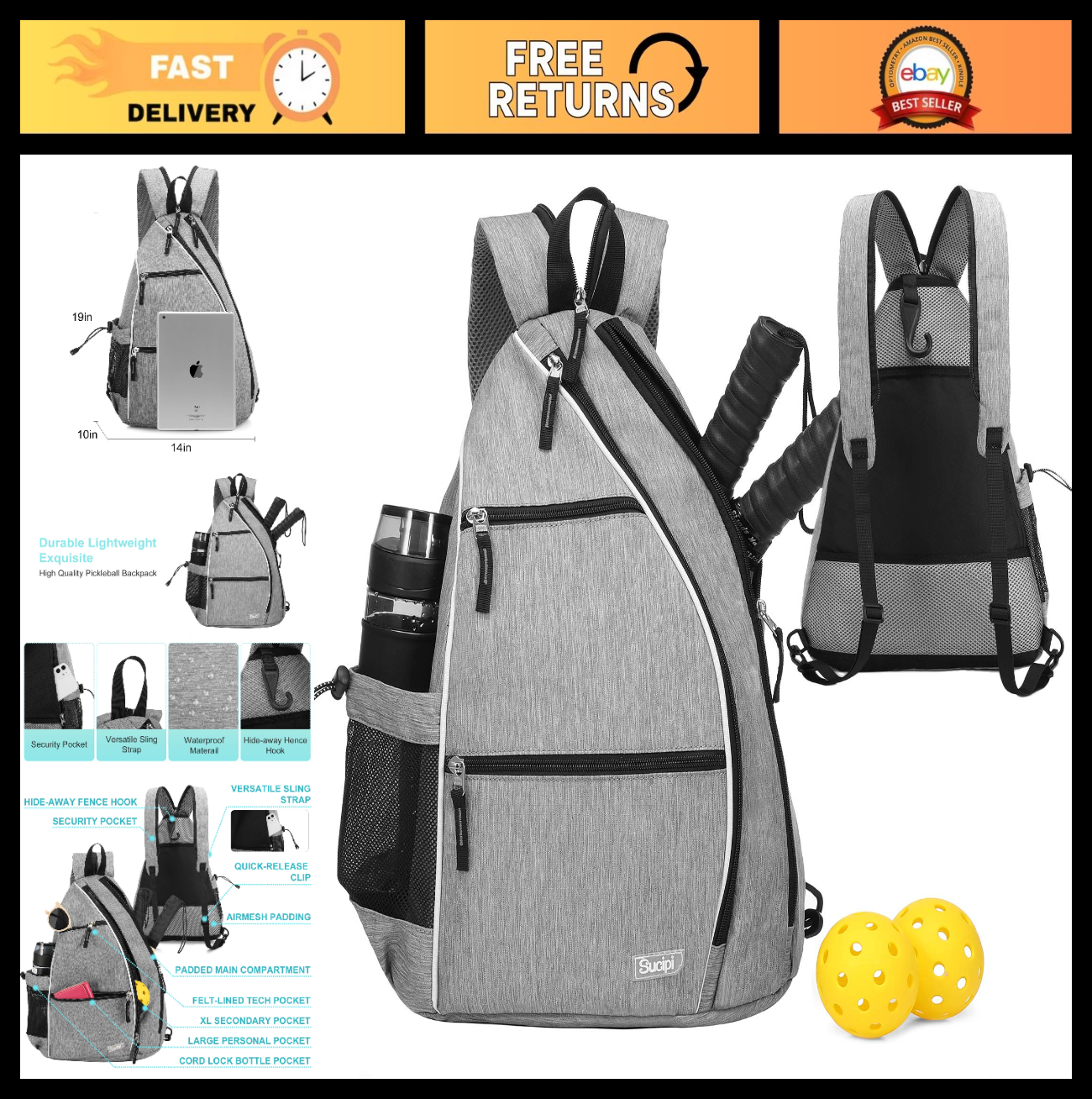 Adjustable Pickleball Backpack with Fence Hook, Large Capacity & Safety Pocket0