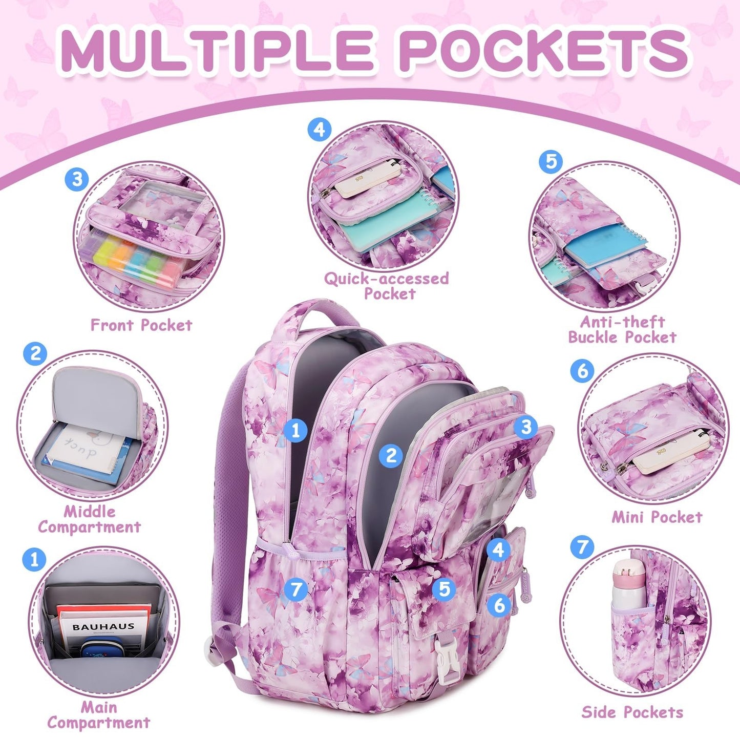Kawaii Purple Butterfly Kids Backpack for Girls - School Bag for Middle & Elemen3