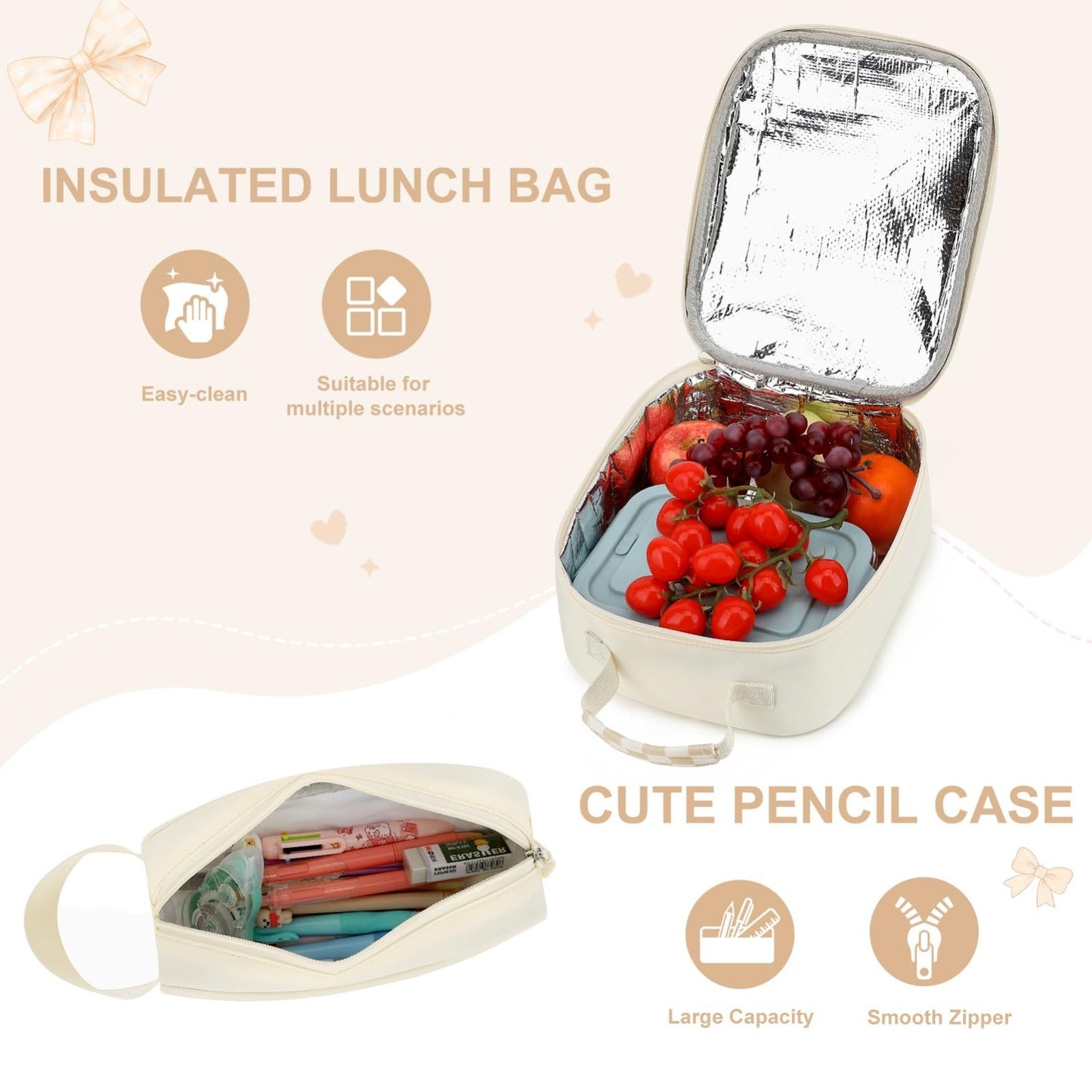 Girls Bow Backpack Set   3PCS with Lunch Bag & Pencil Case, Cute School Bag6