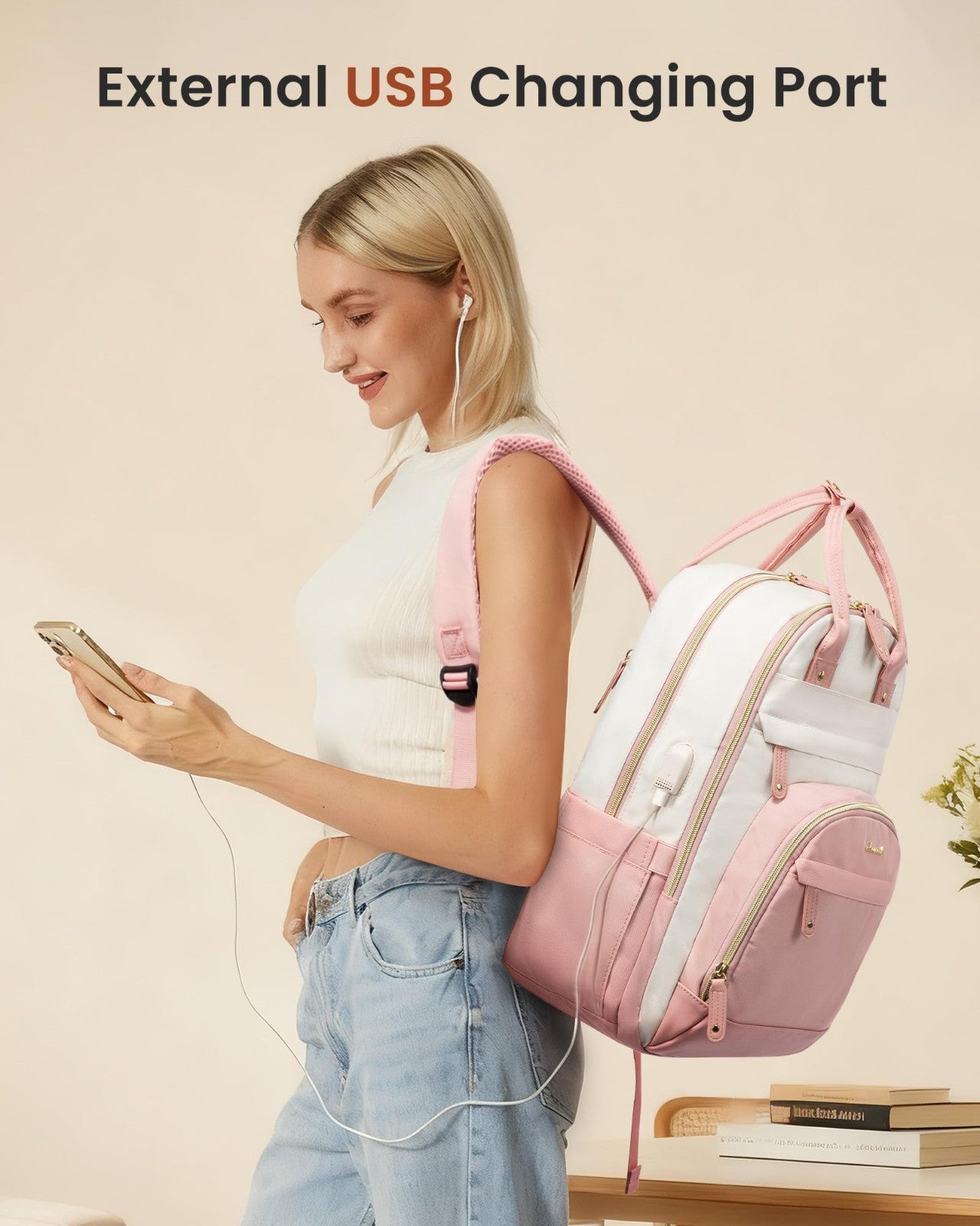 Stylish Women's Laptop Backpack, 15.6" Waterproof Anti Theft School Bag, Beige P2