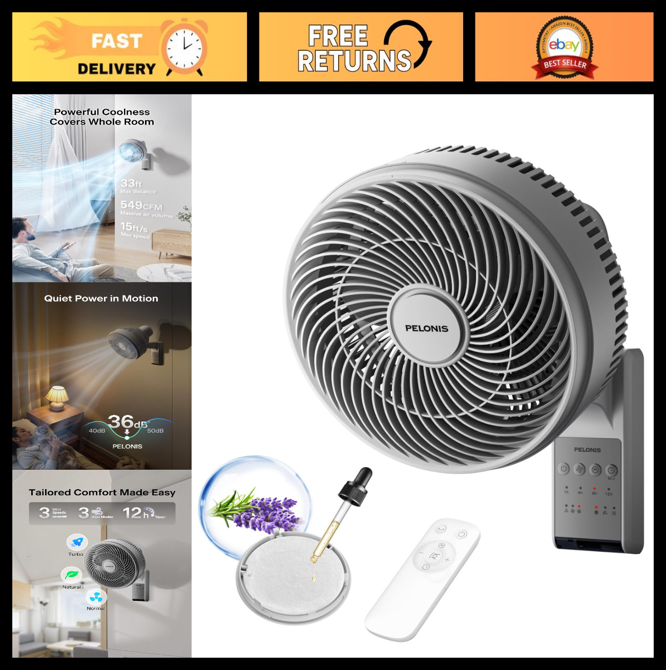 14" Indoor Wall Mount Fan with Remote   Oscillating, 3 Speeds, Quiet 36dB, Airfl0