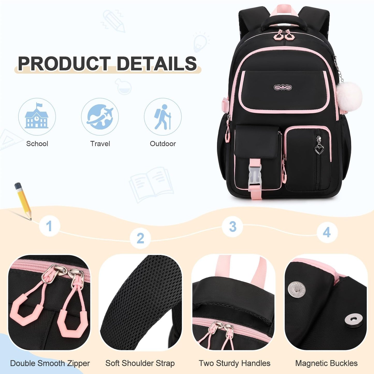 3PCS Girls School Backpack Set with Lunch Box & Pencil Pouch   Stylish & Durable4