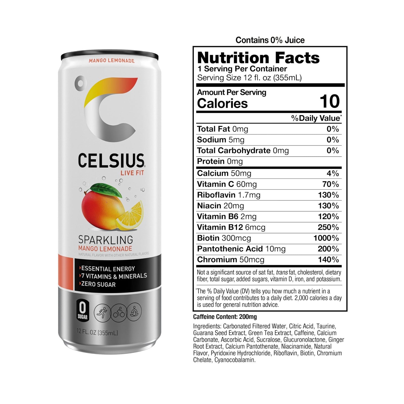 Sparkling Mango Lemonade Energy Drink, Sugar Free, 12 Fl Oz, Pack of 12 Cans2