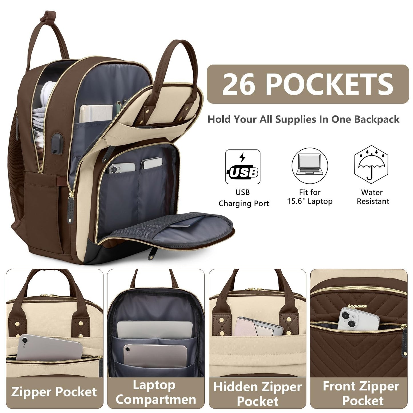 Stylish 15.6" Laptop Backpack for Women   Waterproof Travel Bag with USB Charger2