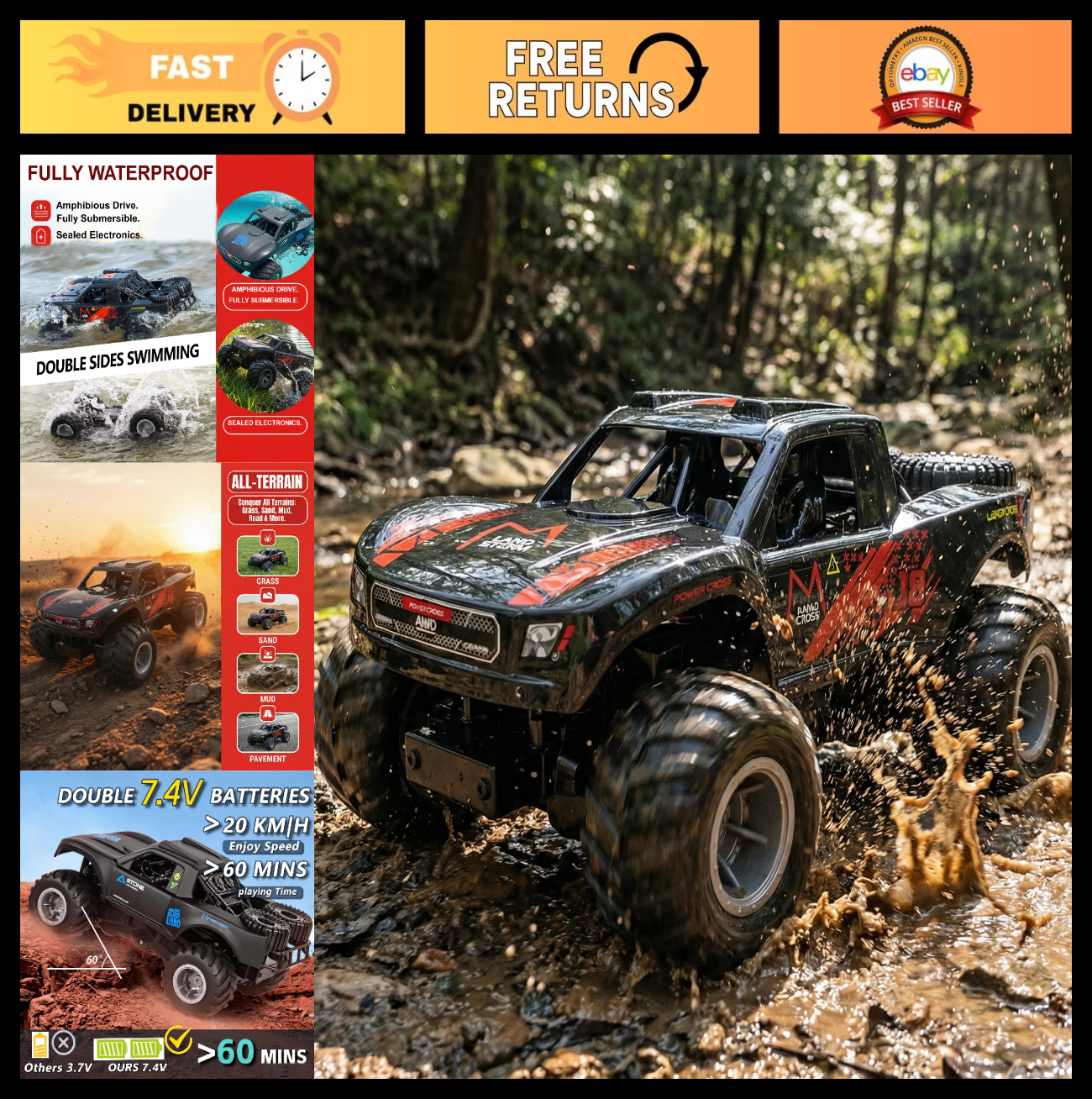 Amphibious Remote Control Car - Submersible 4WD Monster Truck for Kids, 60+ Min0
