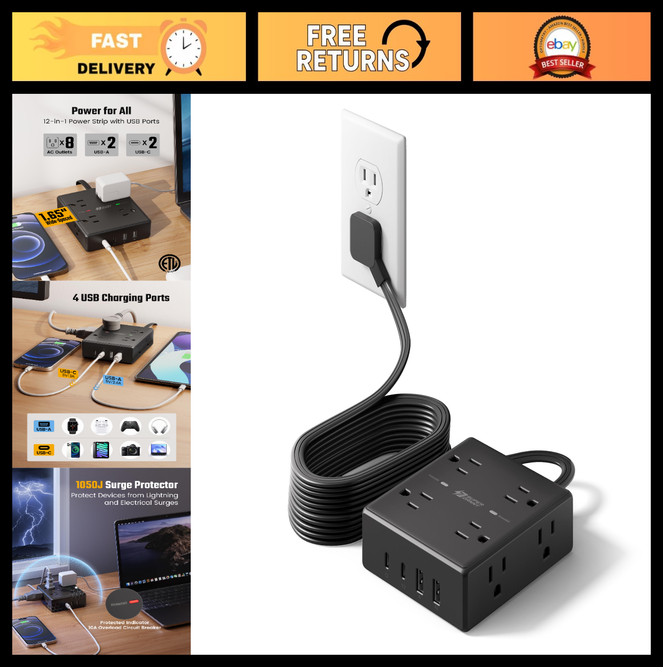 15Ft Flat Plug Extension Cord with Surge Protector Power Strip   Heavy Duty, 6 O0