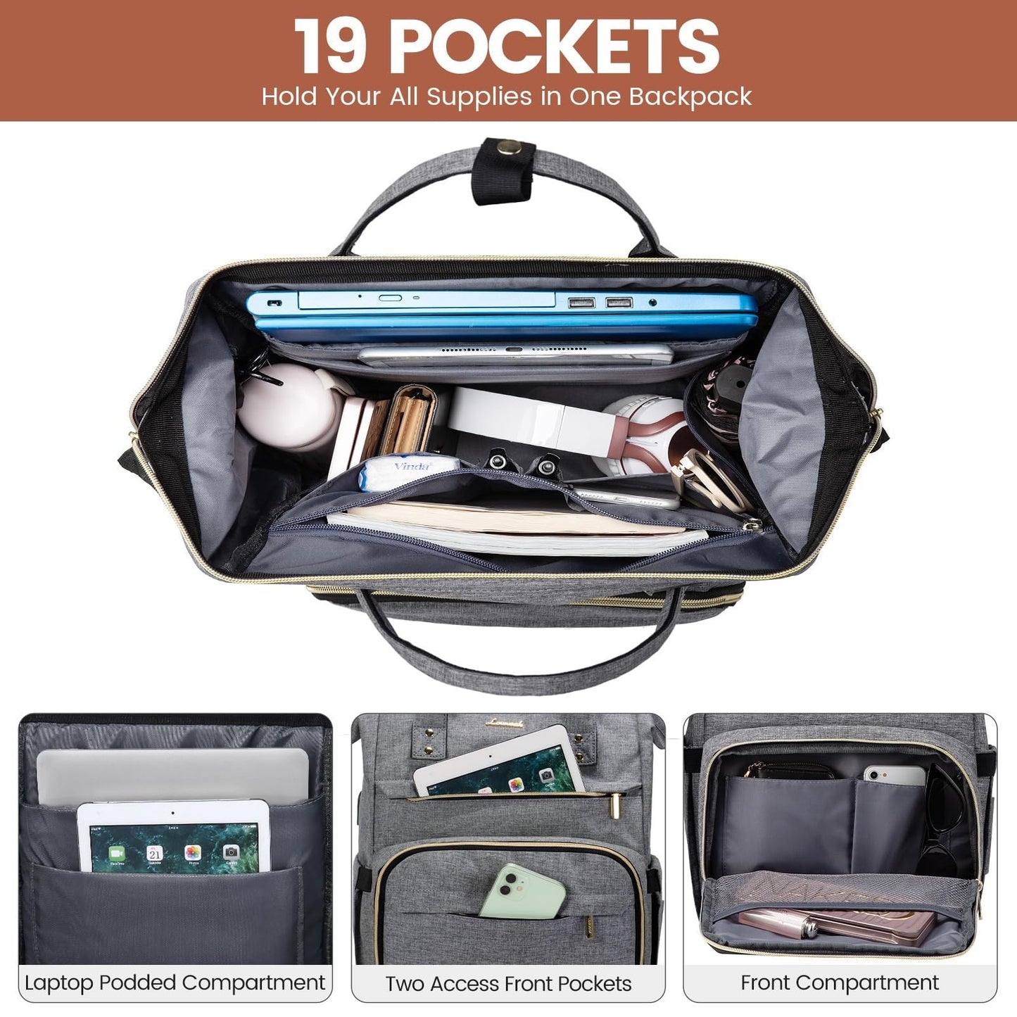 Stylish 18" Laptop Backpack for Women   Waterproof Travel Bag with USB Port, Gre2