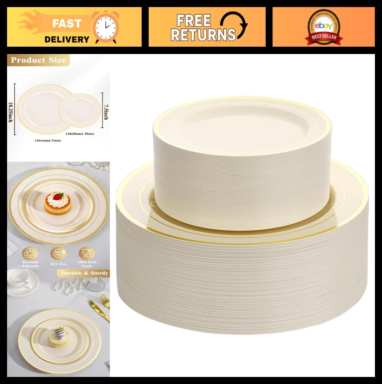 200 PCS Ivory Gold Heavy Duty Disposable Plates | 100 Dinner & 100 Dessert Plate0