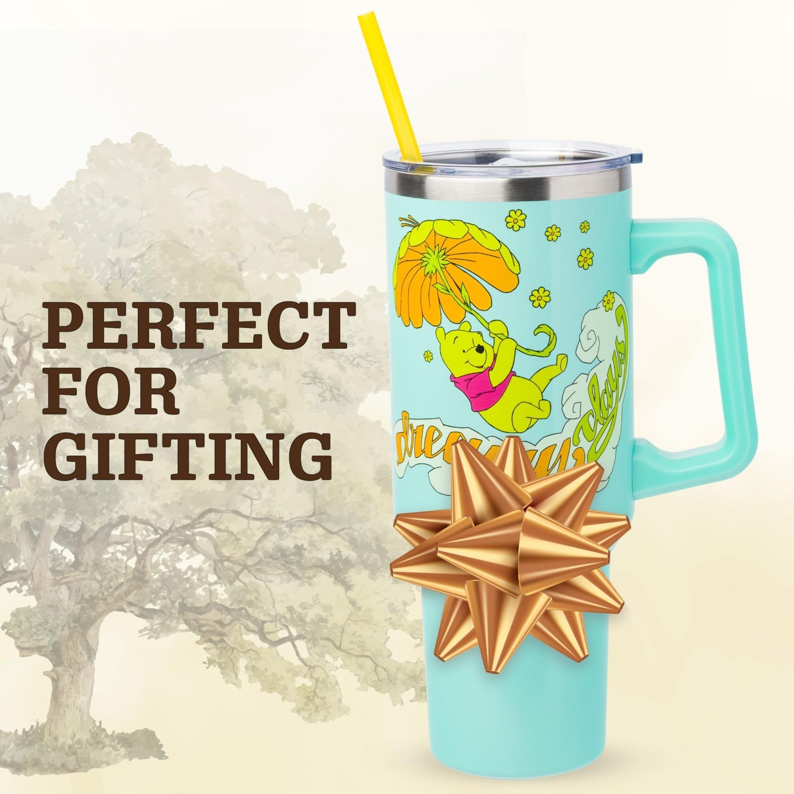 40oz Double Walled Stainless Steel Tumbler with Handle & Straw   Disney Pooh Art7