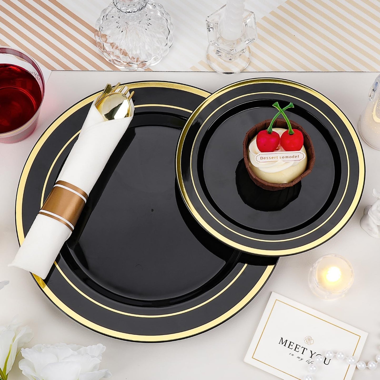 350 PCS Black Plastic Dinnerware Set for 50 Guests - Disposable Plates, Napkins2