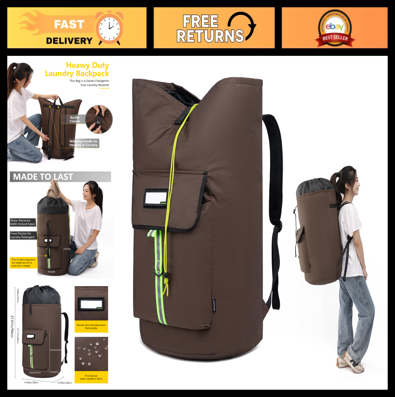 Extra-Large Heavy Duty Laundry Backpack Bag with Drawstring Closure - Ideal for0