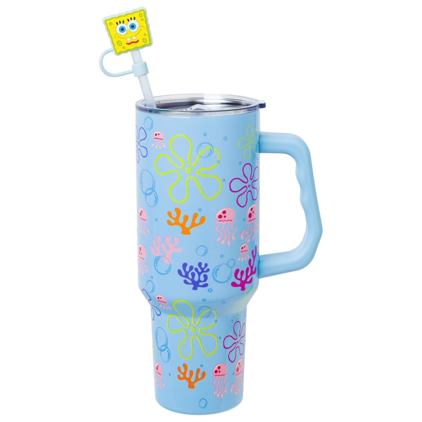 40oz Double Walled Stainless Steel Tumbler with Handle & Straw   Spongebob Jelly2