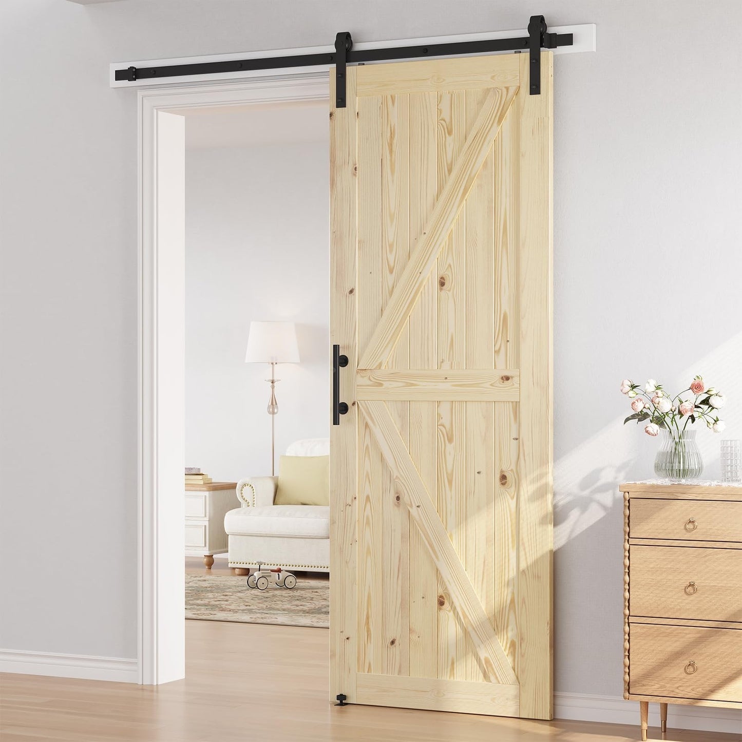 36"x96" Unfinished Solid Spruce Sliding Barn Door Kit with 6.6ft Hardware, DIY A5