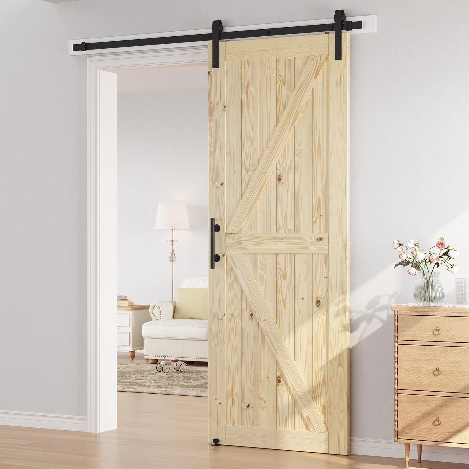 36"x96" Unfinished Solid Spruce Sliding Barn Door Kit with 6.6ft Hardware, DIY A5