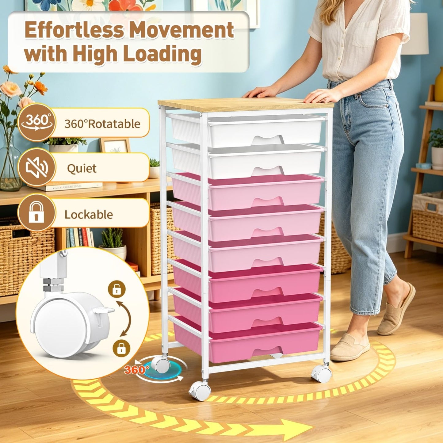 8 Drawer Rolling Storage Cart with Wooden Top & Lockable Wheels   Craft & Office5