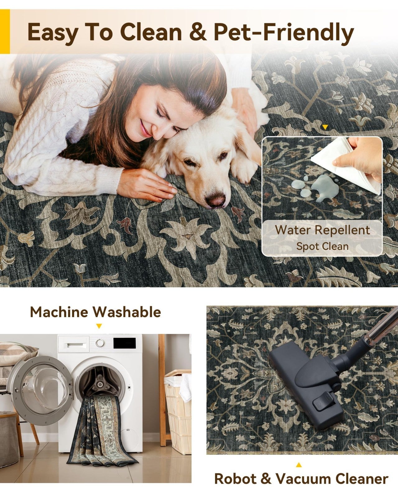 Washable 8'x10' Area Rug   Non Slip, Water Repellent, Pet Friendly, Vintage Flor5