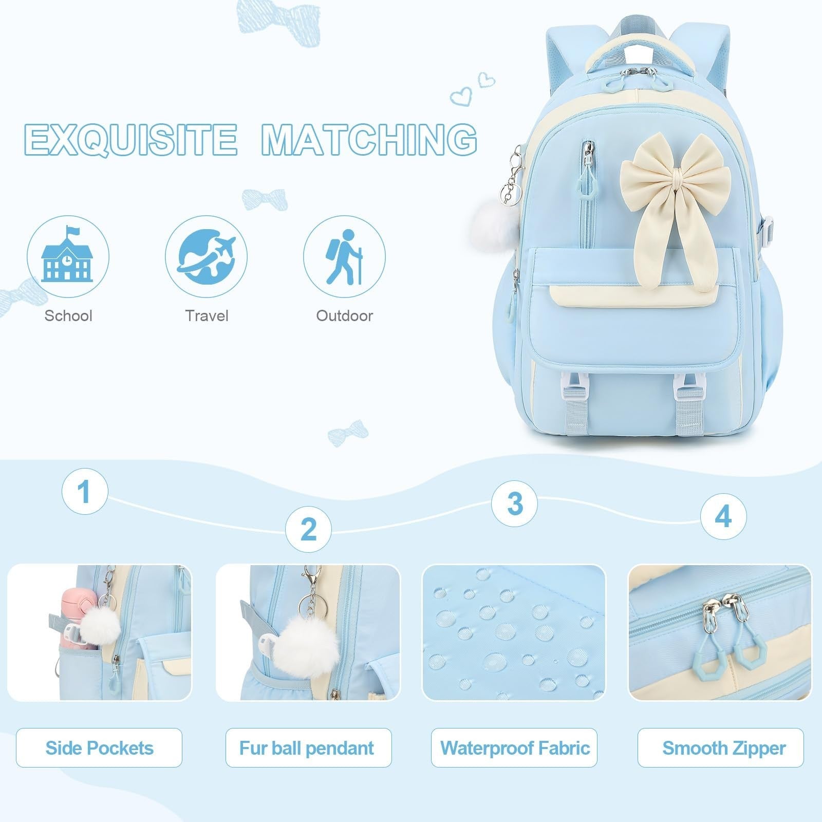Girls Bow Backpack Set   3PCS with Lunch Bag & Pencil Case   Stylish School Bag4