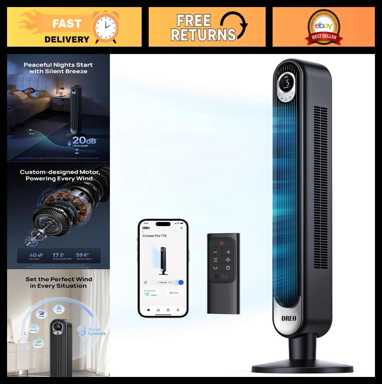 Bladeless Oscillating Tower Fan for Bedroom, Quiet Floor Standing Air Circulator0