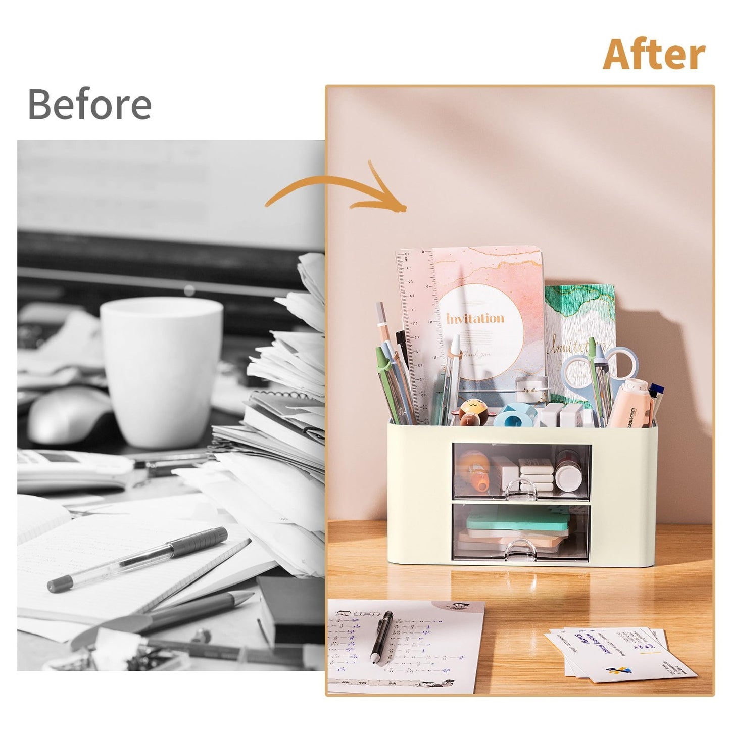 Multi Functional Desk Organizer with 2 Drawers, 5 Compartments for Office Suppli6
