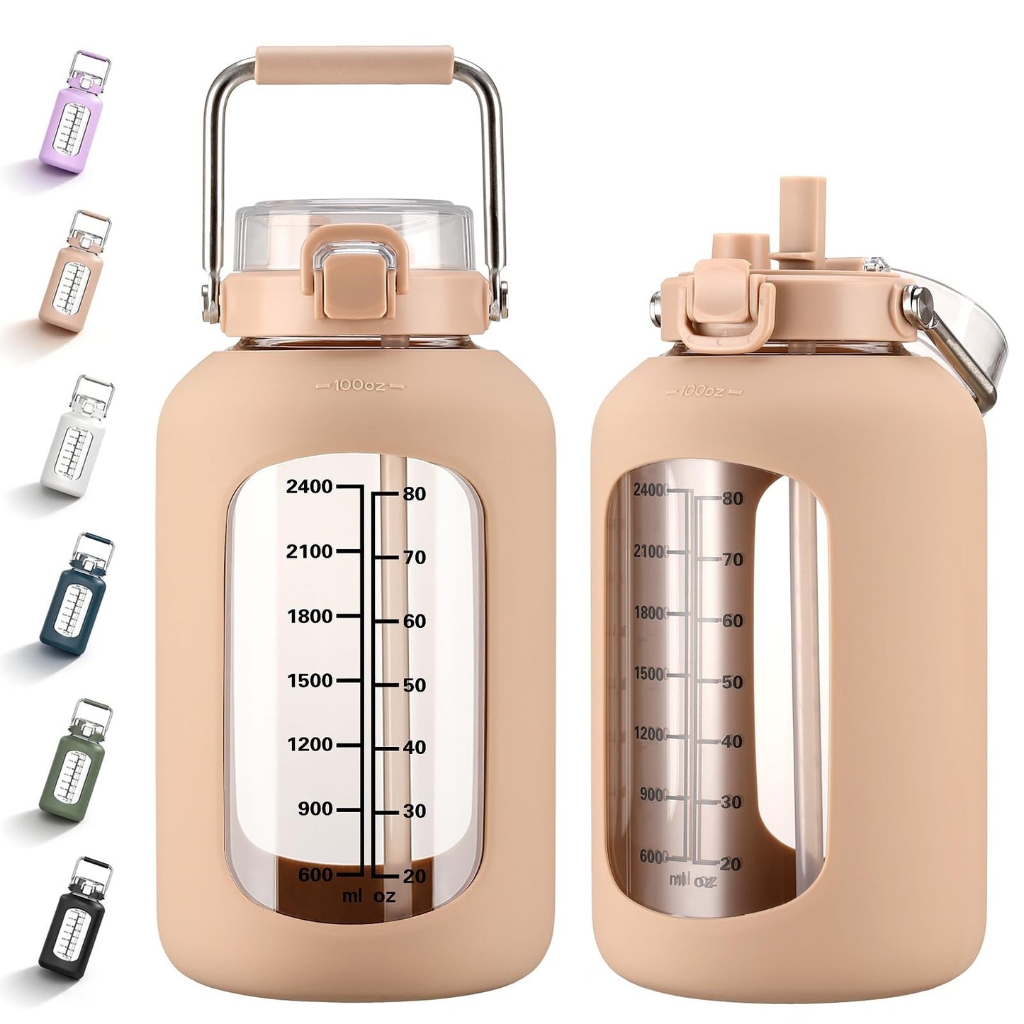 100oz BPA-Free Glass Water Bottle with Time Marker & Silicone Sleeve - 3L Gallon1
