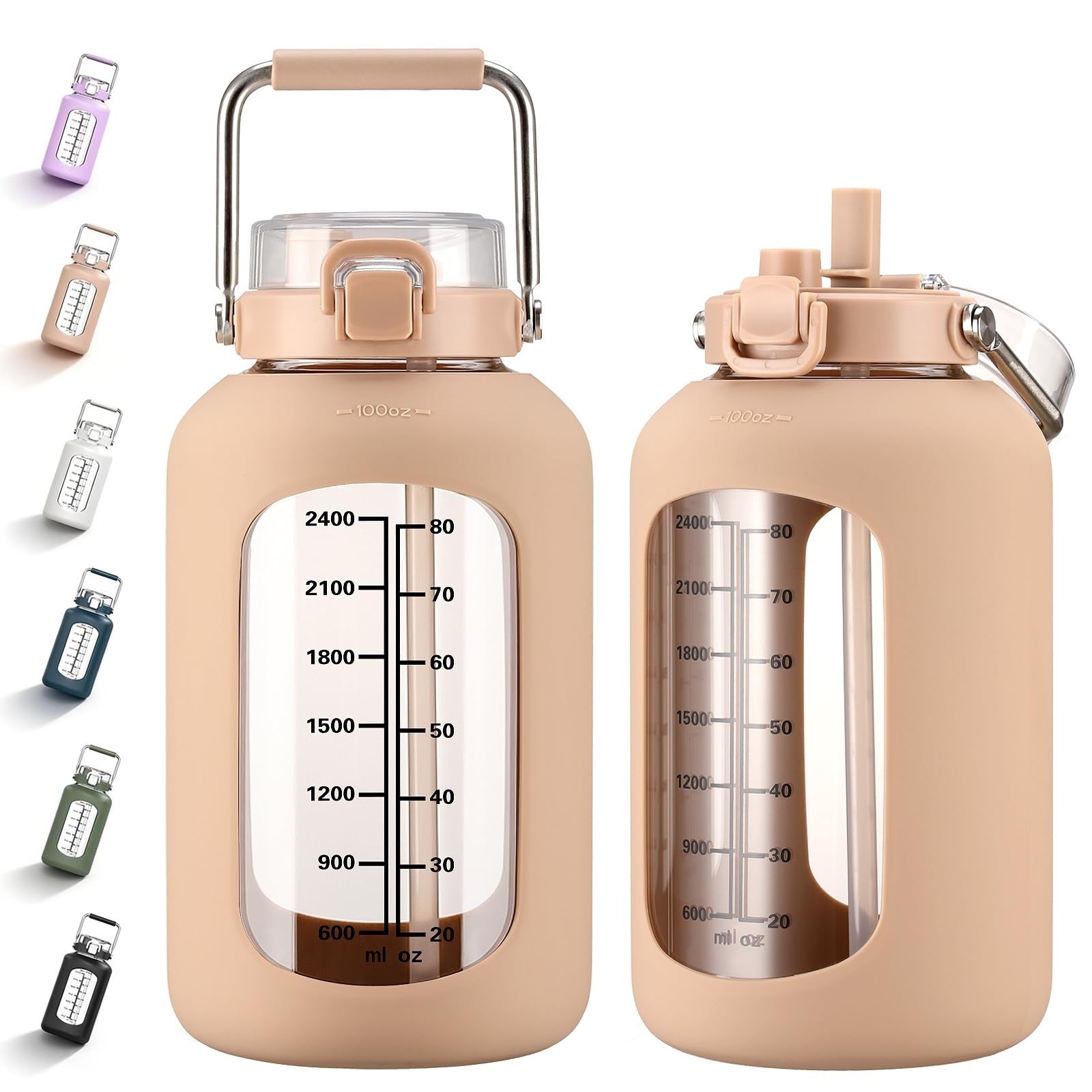 100oz BPA-Free Glass Water Bottle with Time Marker & Silicone Sleeve - 3L Gallon1