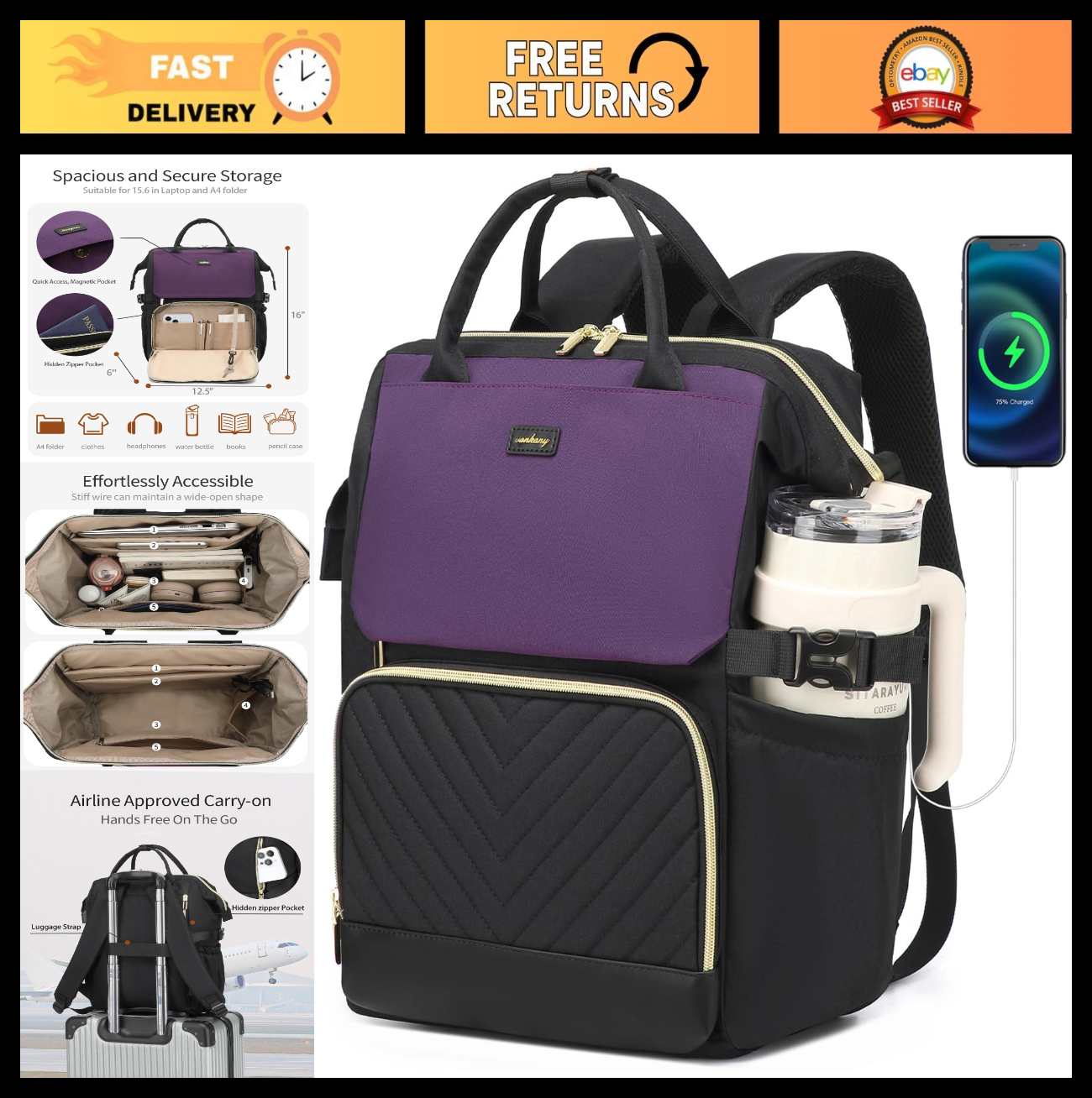 Stylish Laptop Backpack for Women   USB Charger, Cup Holder, Travel Bookbag, Gif0