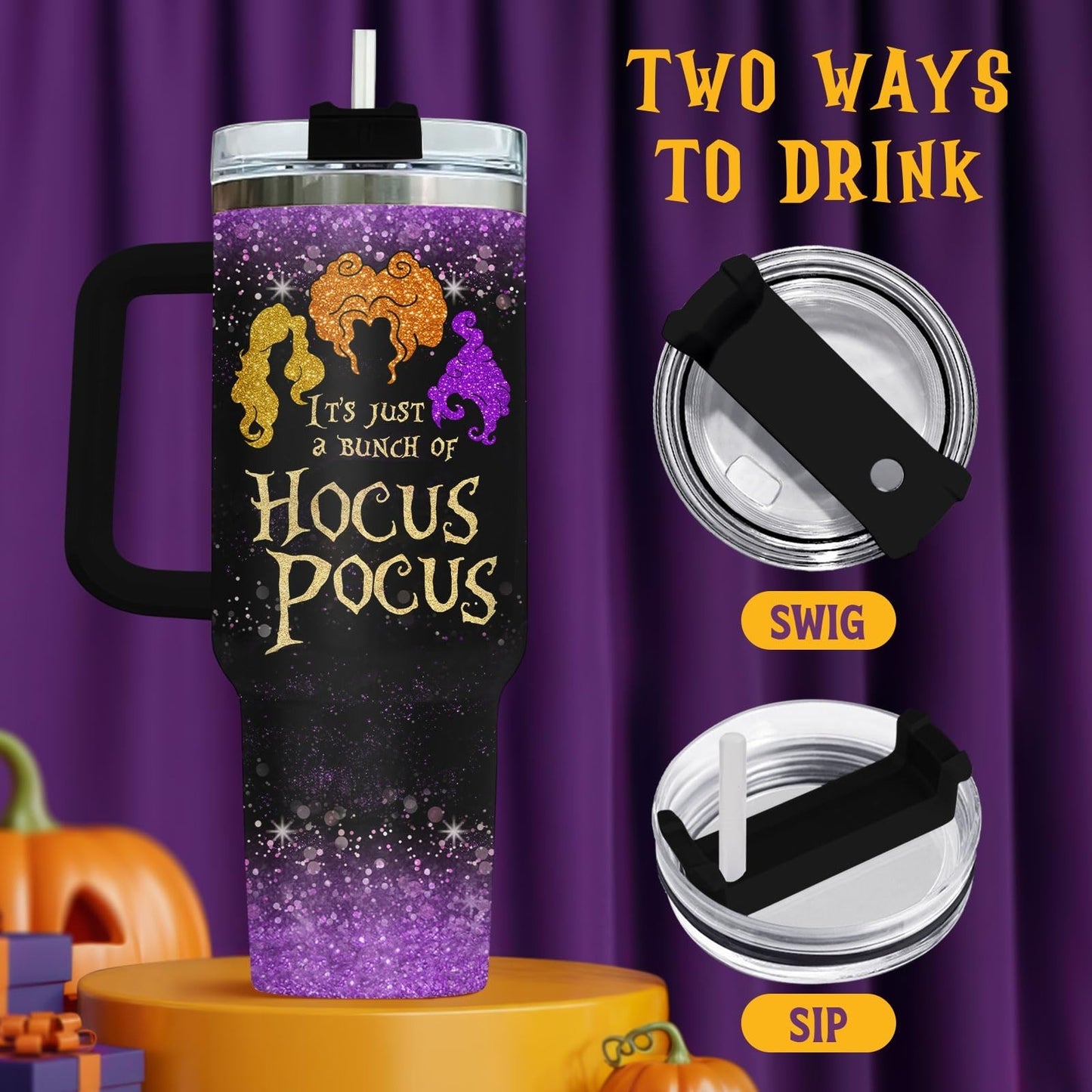 34oz Glitter Tumbler with Handle & Straw   Insulated Travel Mug for Coffee, Funn3